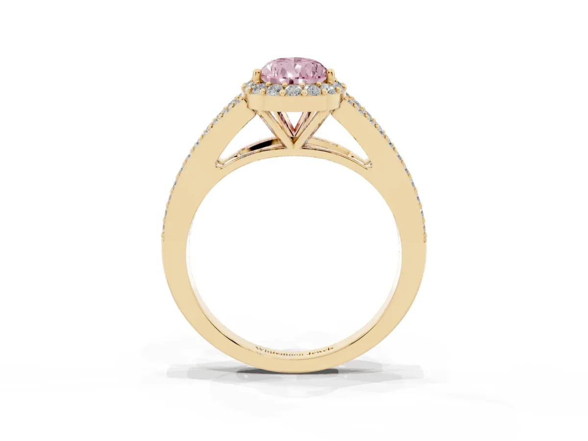 Fancy Pink Pear Cut Halo Split Shank Diamond Ring with Prong Setting Yellow gold