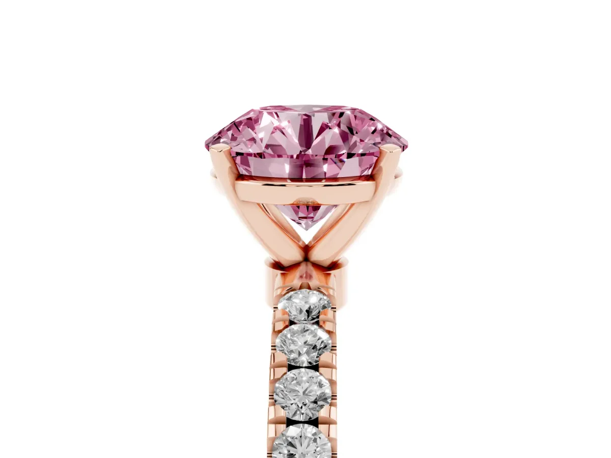Fancy Pink Round Cut Diamond Solitaire Ring with Pavé Accents and Four-Prong Setting Rose gold