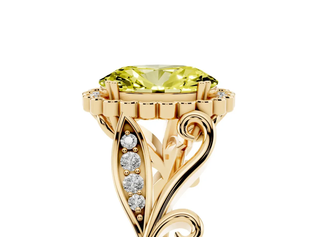 Fancy Yellow Oval Cut Diamond Halo Ring with Vintage Split Shank and Four-Prong Setting Yellow gold