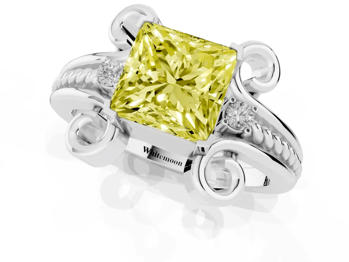 Fancy Yellow Princess Cut Solitaire Twisted Band Scroll Prong Ring Platinum