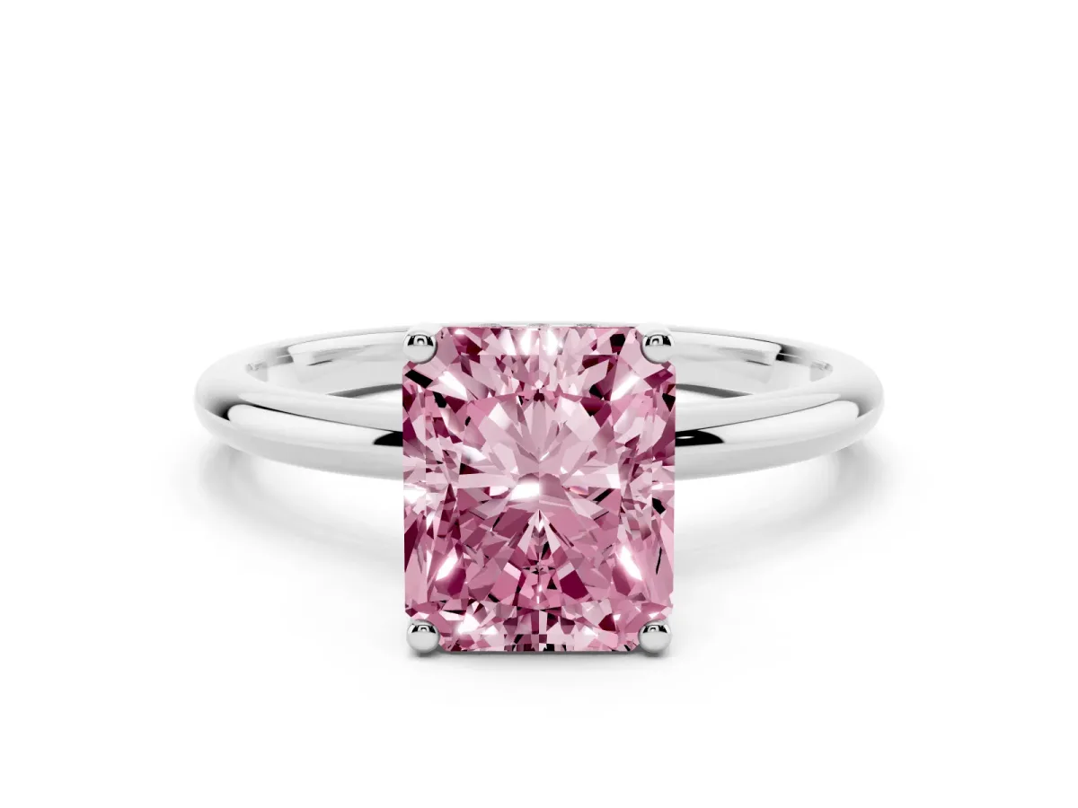 Fancy Pink Radiant Cut Cut Solitaire Engagement Ring with Four-Prong Setting and Classic Band Silver