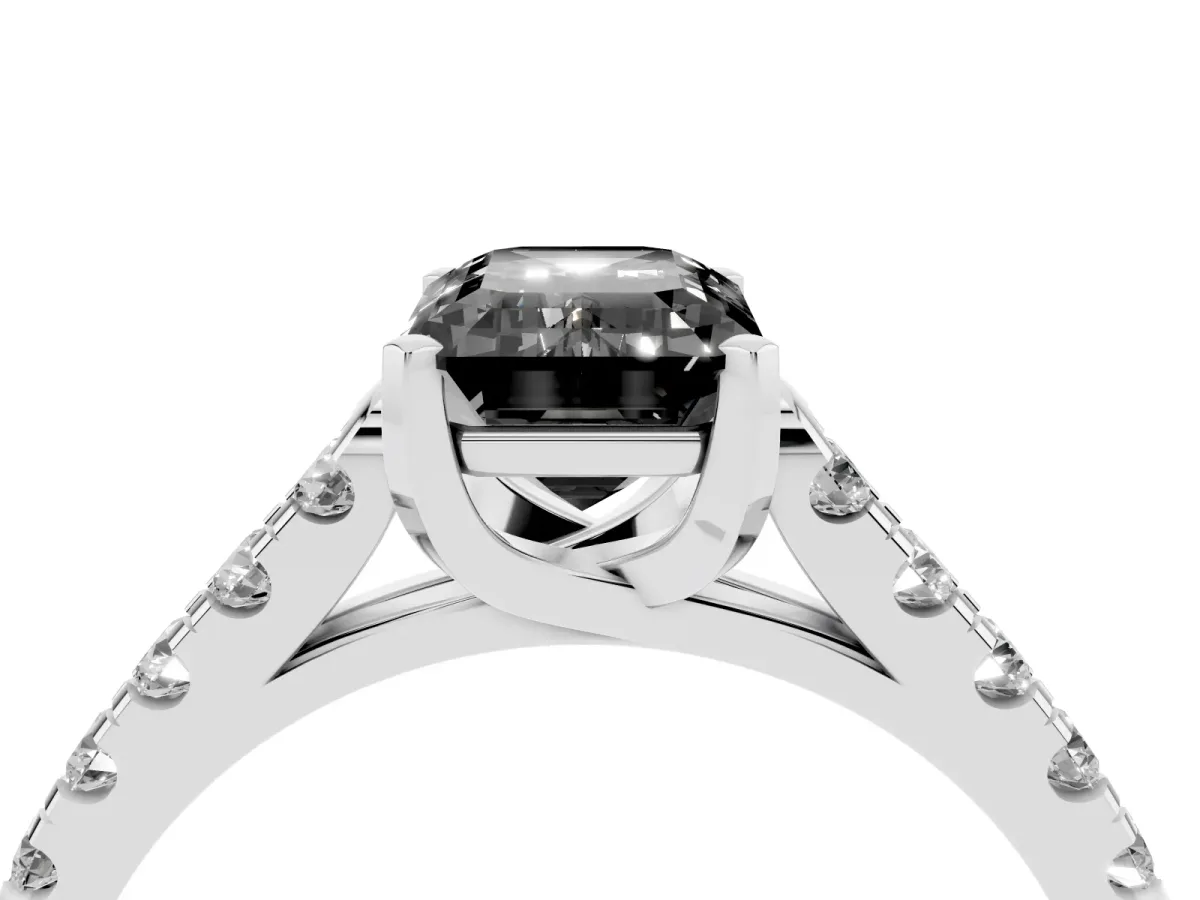Fancy Black Emerald Cut Diamond Pavé Band Solitaire Ring with Prong Setting Silver