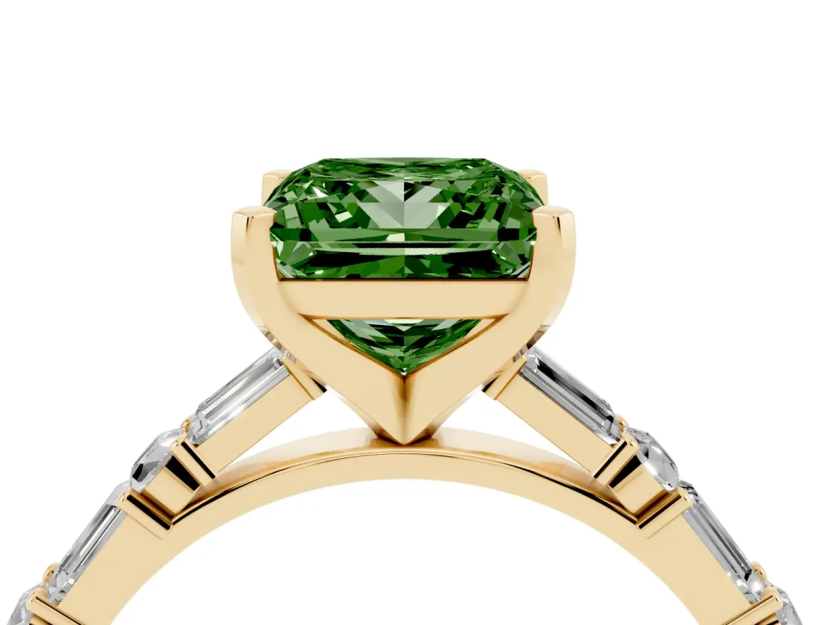 Fancy Green Princess Cut Diamond Solitaire with Side Baguettes and Channel Set Band Yellow gold