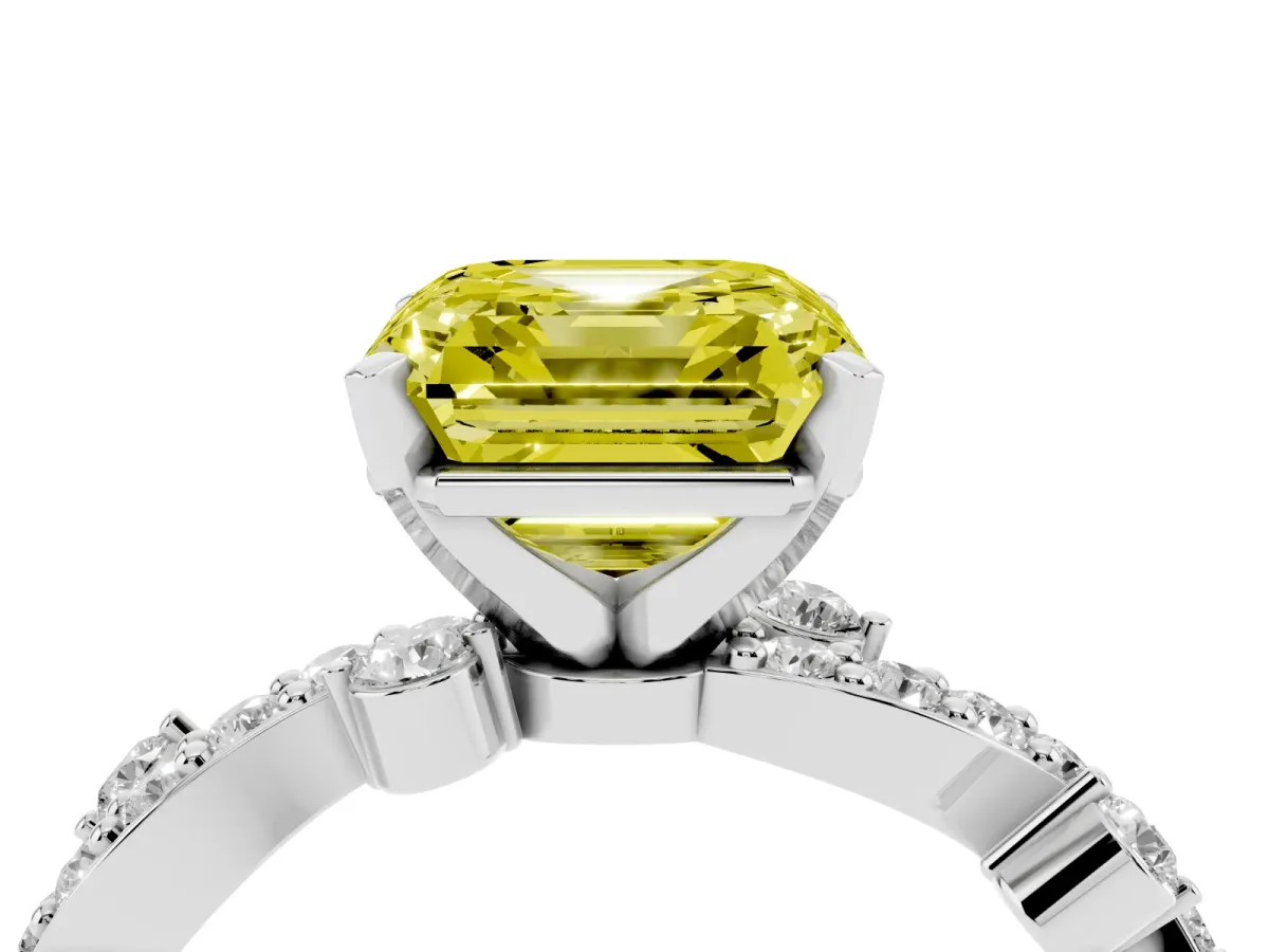 Fancy Yellow Asscher Cut Cut Solitaire Diamond Twisted Band with Pave Setting Silver