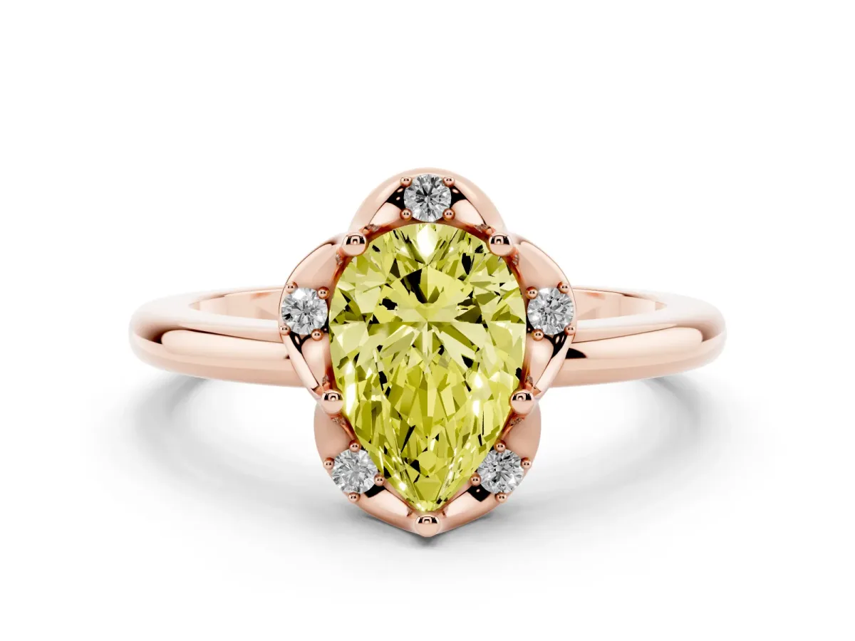 Fancy Yellow Pear Cut Halo Diamond Ring with Round Cluster Setting, Solitaire Band, and Four-Prong Setting Rose gold