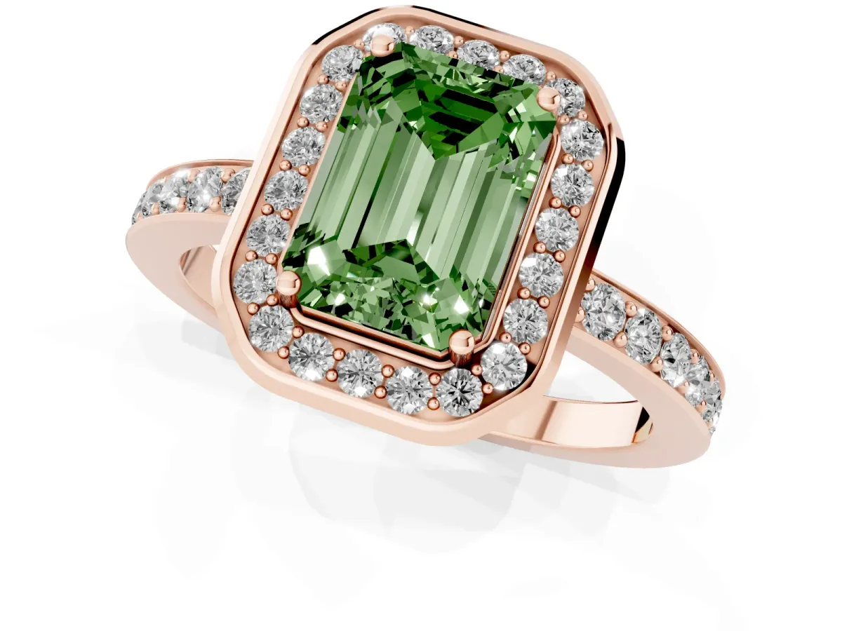 Fancy Green Emerald Cut Diamond Halo Ring with Bezel Frame and Pavé Band Rose gold