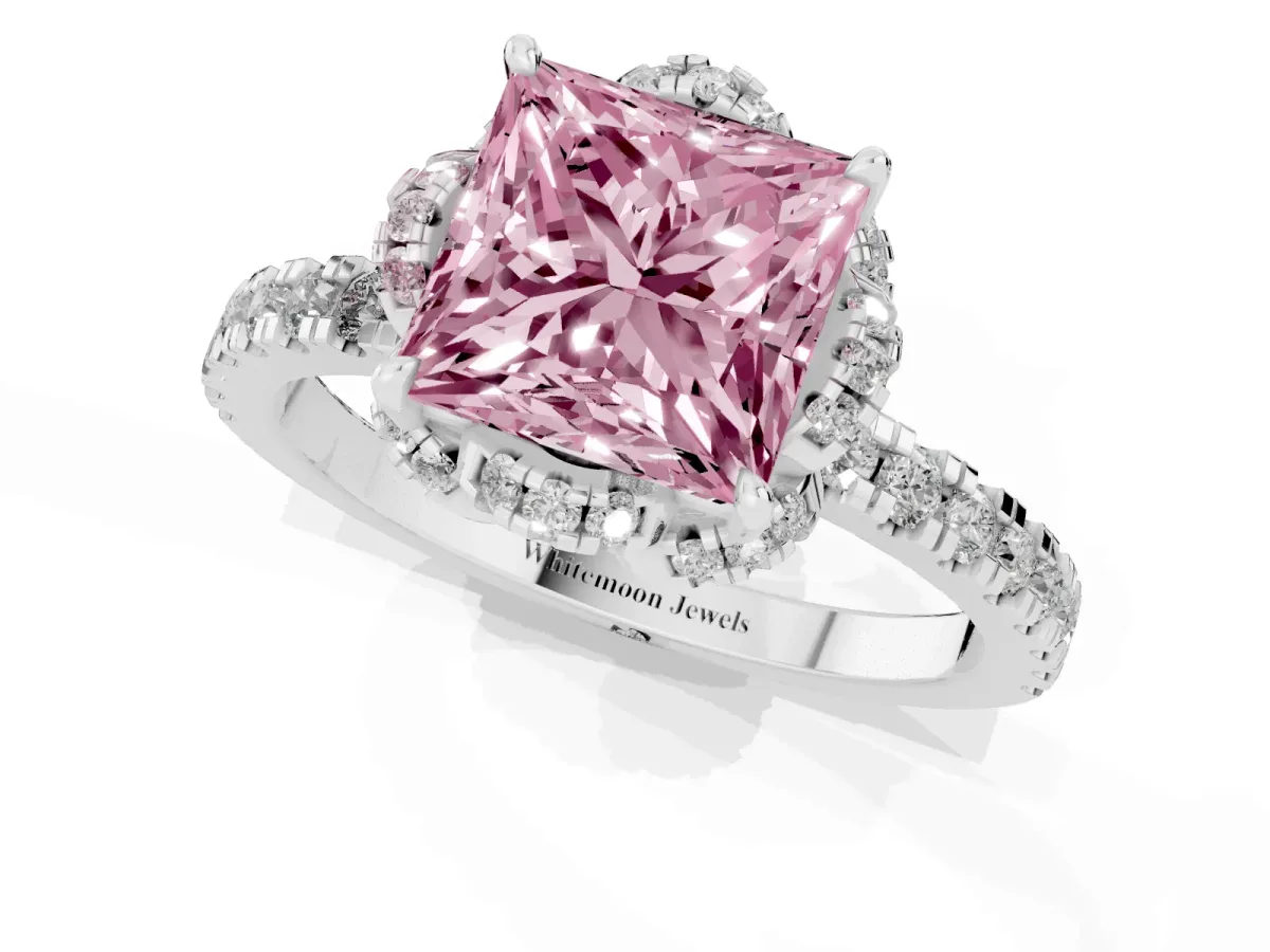 Fancy Pink Princess Cut Diamond Halo Pave Band with Four-Prong Setting Platinum