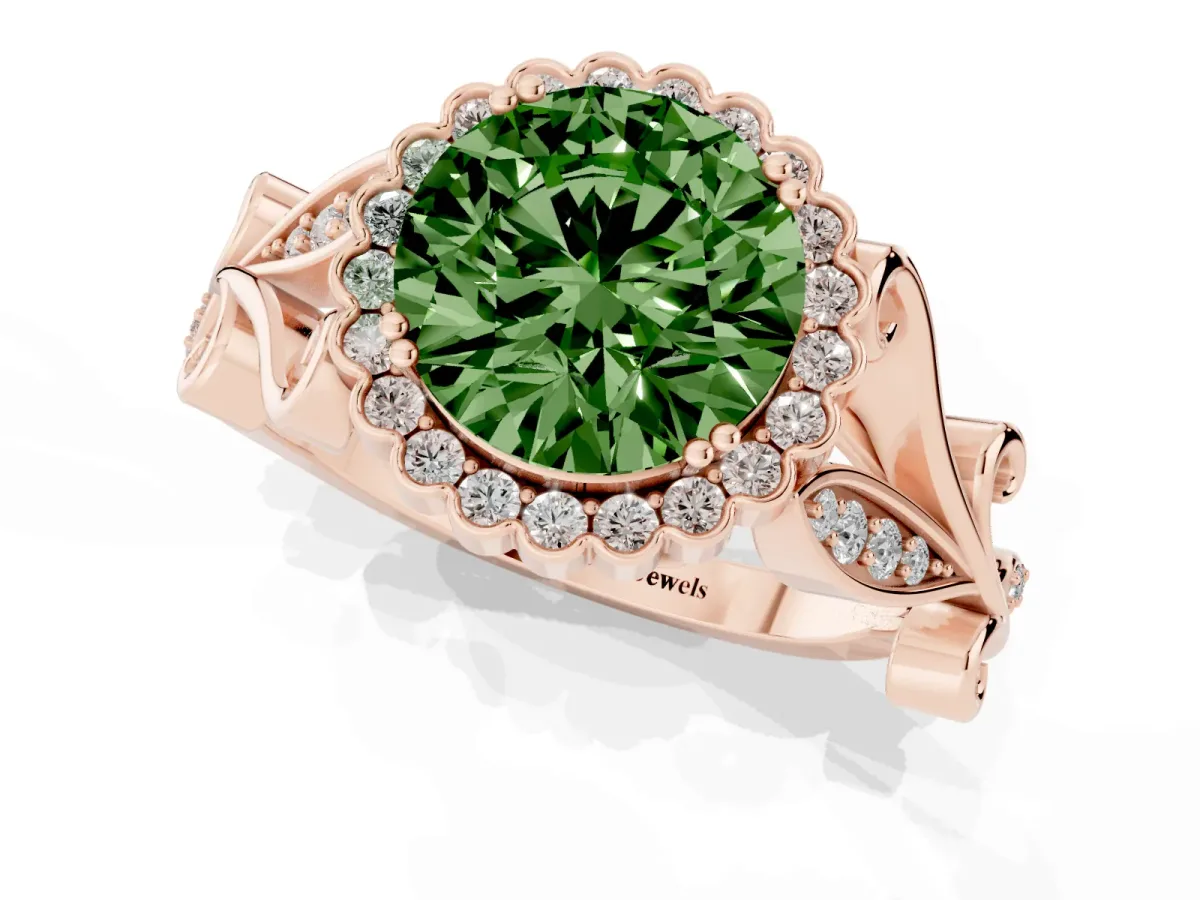 Fancy Green Round Cut Diamond Halo Ring with Vintage Split Shank and Four-Prong Setting Rose gold