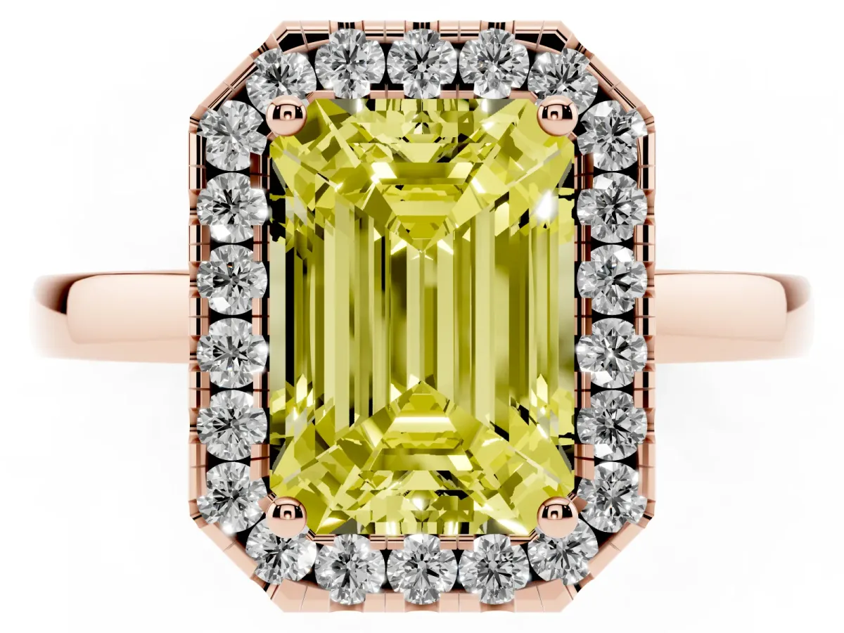 Fancy Yellow Emerald Cut Halo Diamond Solitaire with Pavé Band and Four-Prong Setting Rose gold