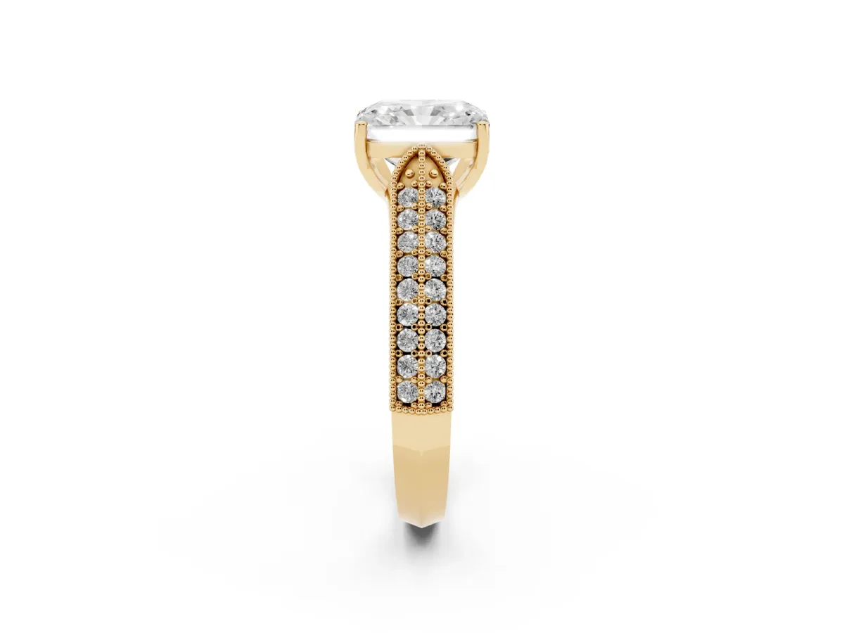 Radiant Cut Cut Pave Split Shank Engagement Ring with Four-Prong Setting Yellow gold