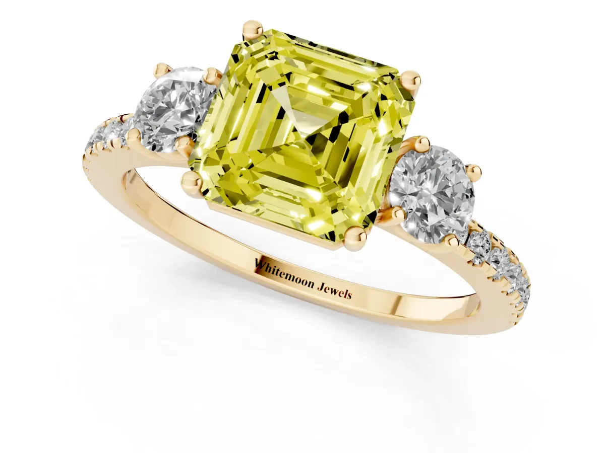 Fancy Yellow Three-Stone Asscher Cut Cut Diamond Pavé Band with Prong Setting Yellow gold
