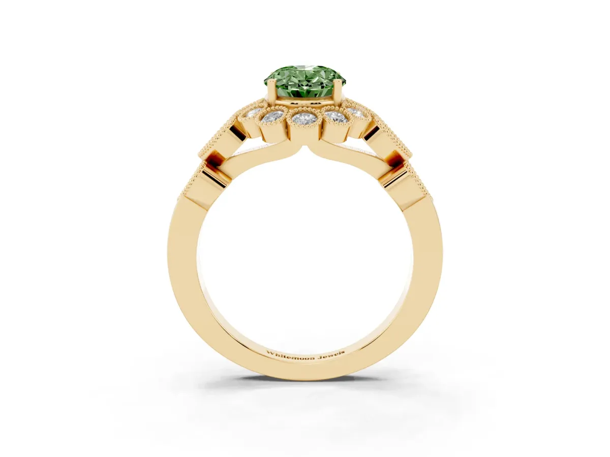 Fancy Green Oval Cut Brilliant Milgrain Pave Heart Band Solitaire Ring Yellow gold