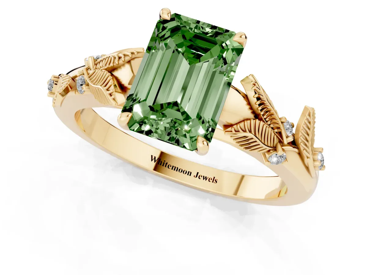 Fancy Green Emerald Cut Diamond Solitaire Ring with Leaf Motif Band and Four-Prong Setting Yellow gold