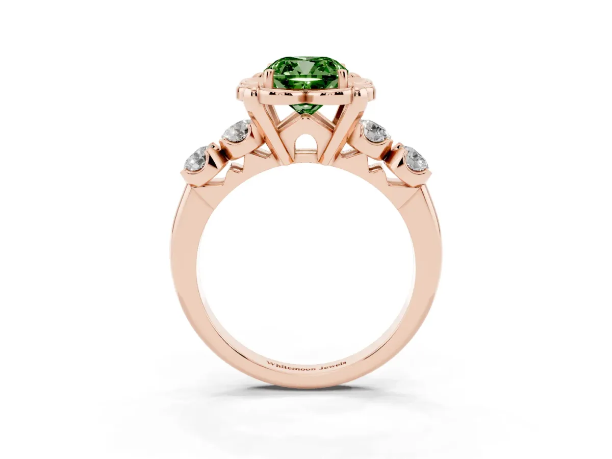 Fancy Green Cushion Cut Cut Diamond Floral Halo Engagement Ring with Shared Prong Setting Rose gold