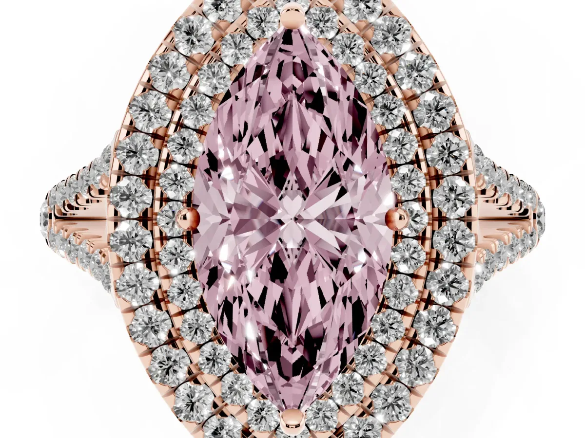 Fancy Pink Marquise Cut Diamond Double Halo Ring with Pavé Band and Prong Setting Rose gold