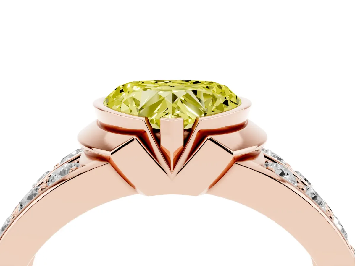 Fancy Yellow Heart Cut Brilliant Diamond Channel Set Wide Band Ring with Bezel Setting Rose gold