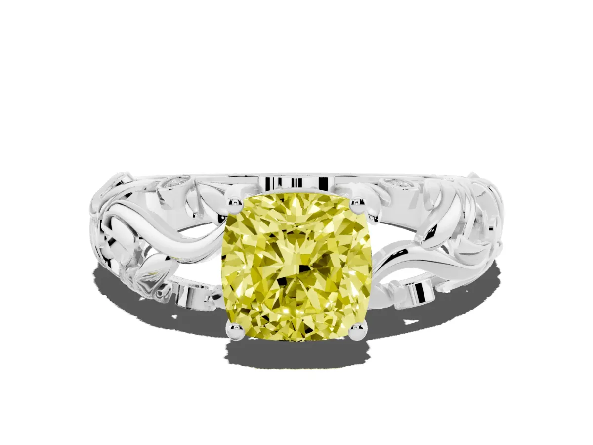 Fancy Yellow Cushion Cut Solitaire Diamond Leaf-Inspired Vine Band Ring with Prong Setting Platinum