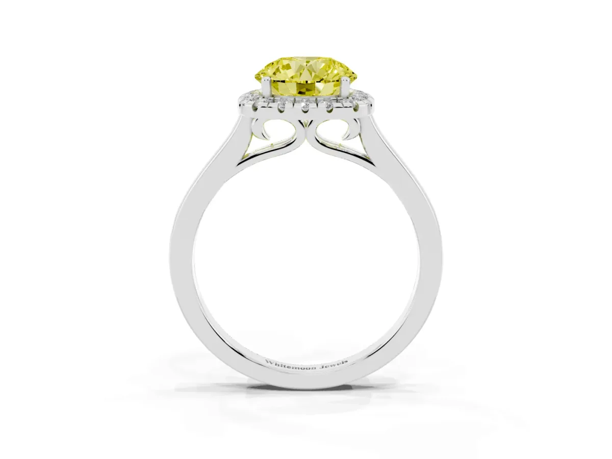 Fancy Yellow Round Cut Halo Round Diamond Solitaire Ring with Pavé Band and Four-Prong Setting Silver