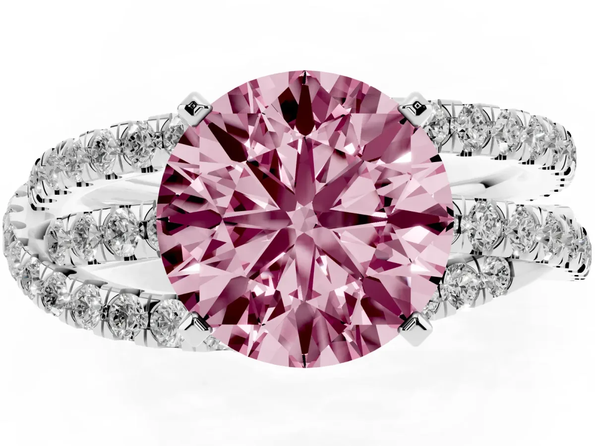 Fancy Pink Round Cut Solitaire Twist Band with Pavé Setting and Four-Prong Setting Silver