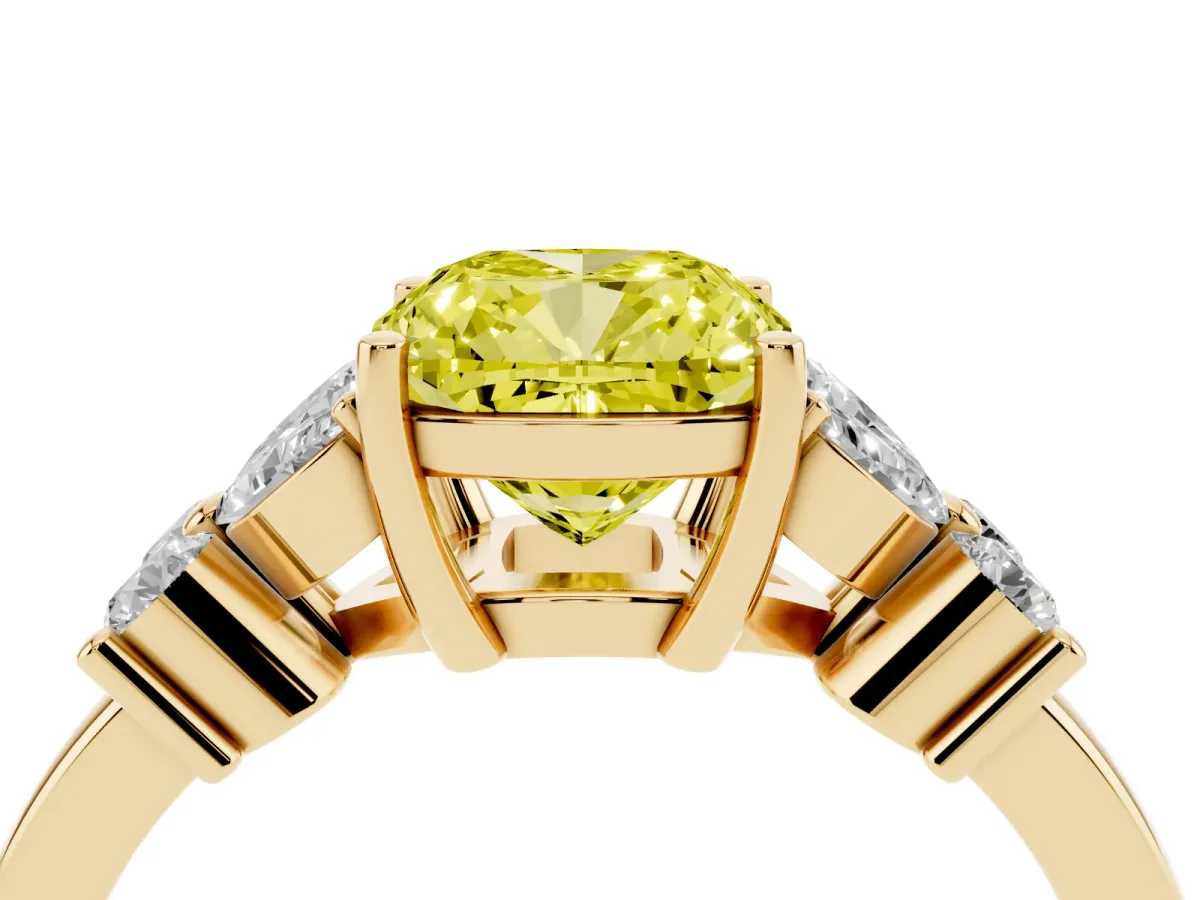 Fancy Yellow Cushion Cut Diamond Floral Cluster Ring with Solitaire Band and Prong Setting Yellow gold