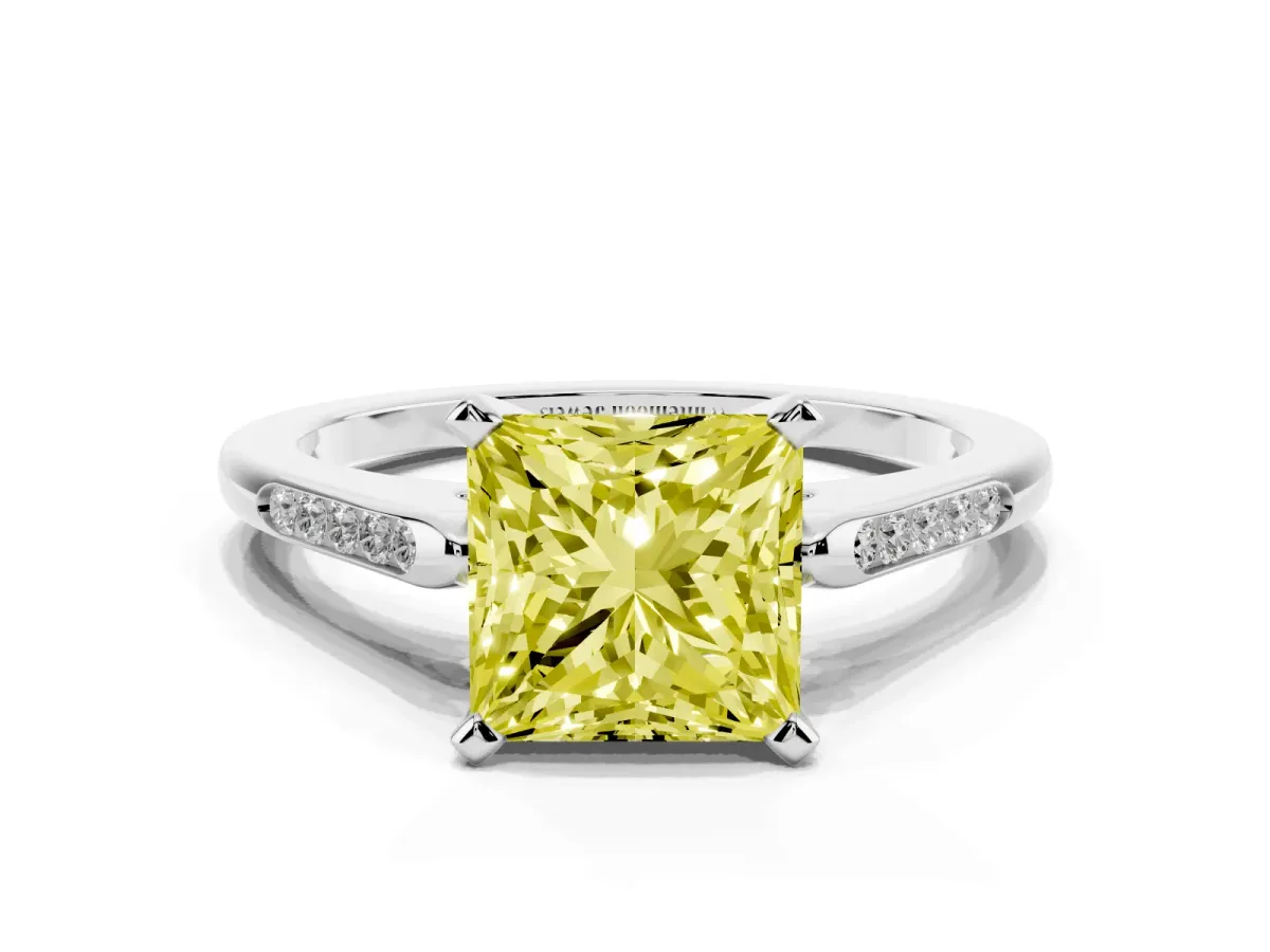 Fancy Yellow Princess Cut Diamond Solitaire Ring with Channel Set Round Band and Prong Setting Platinum