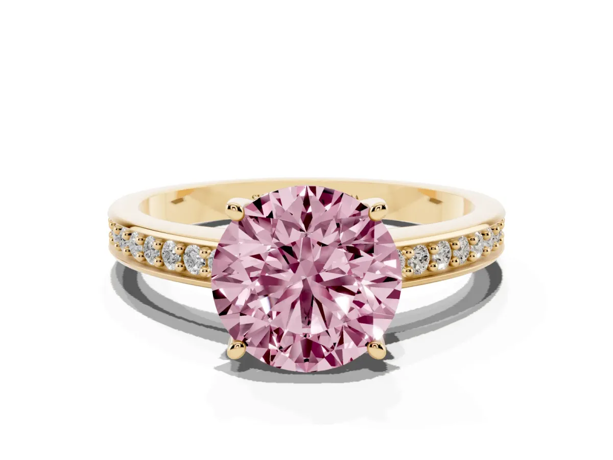 Fancy Pink Round Cut Solitaire Pavé Band Prong Setting Ring Yellow gold