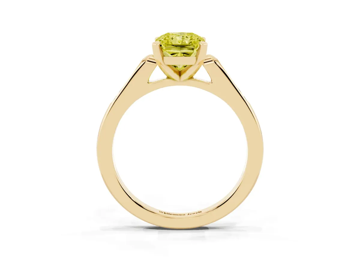 Fancy Yellow Radiant Cut Diamond Solitaire Ring with Channel Set Round Band and Prong Setting Yellow gold