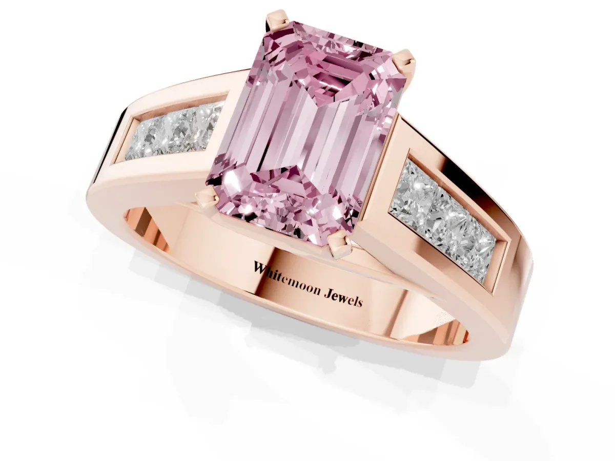 Fancy Pink Emerald Cut Cut Channel Set Solitaire Ring with Four-Prong Setting Rose gold