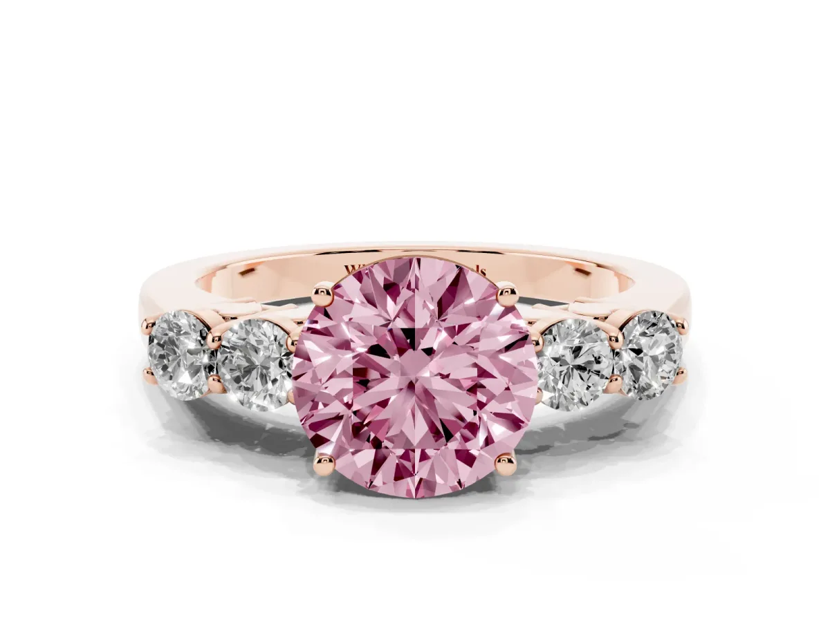 Fancy Pink Round Cut Cut Diamond Five-Stone Prong Set White Gold Ring Rose gold