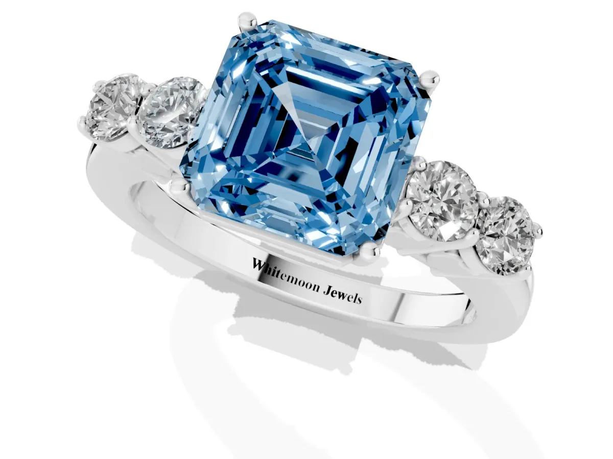 Fancy Blue Asscher Cut Cut Diamond Five-Stone Prong Set White Gold Ring Silver