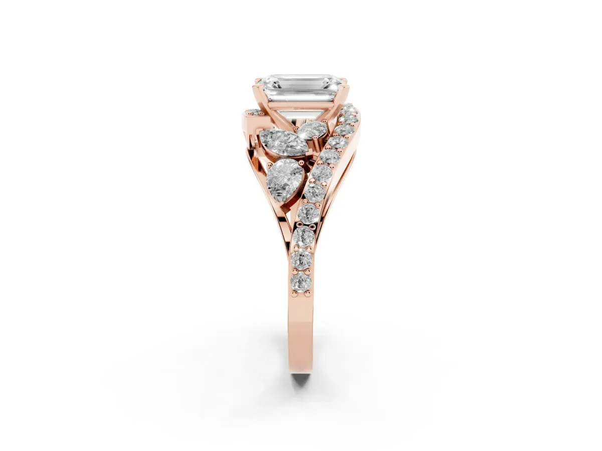 Emerald Cut Diamond Halo Ring with Marquise and Pavé Band in Prong Setting Rose gold