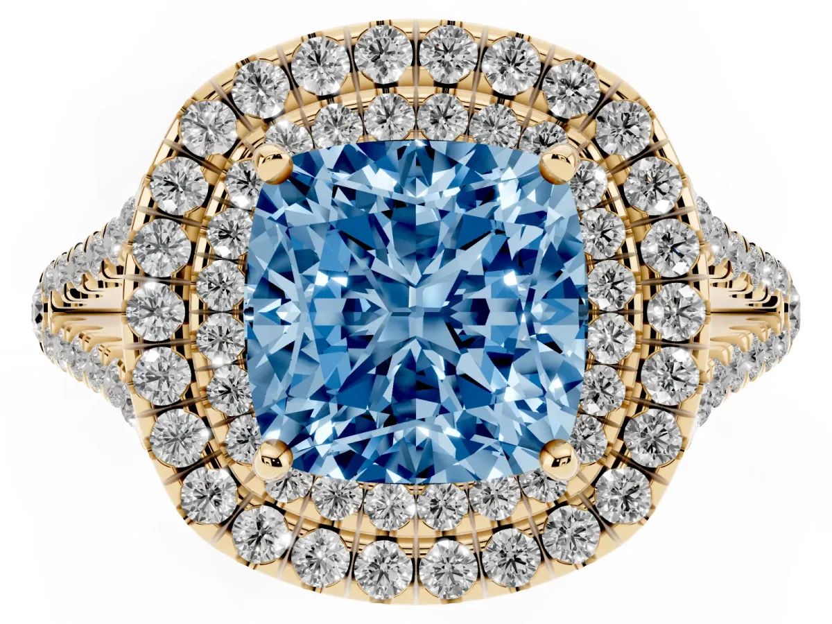 Fancy Blue Cushion Cut Diamond Double Halo Ring with Pavé Band and Prong Setting Yellow gold