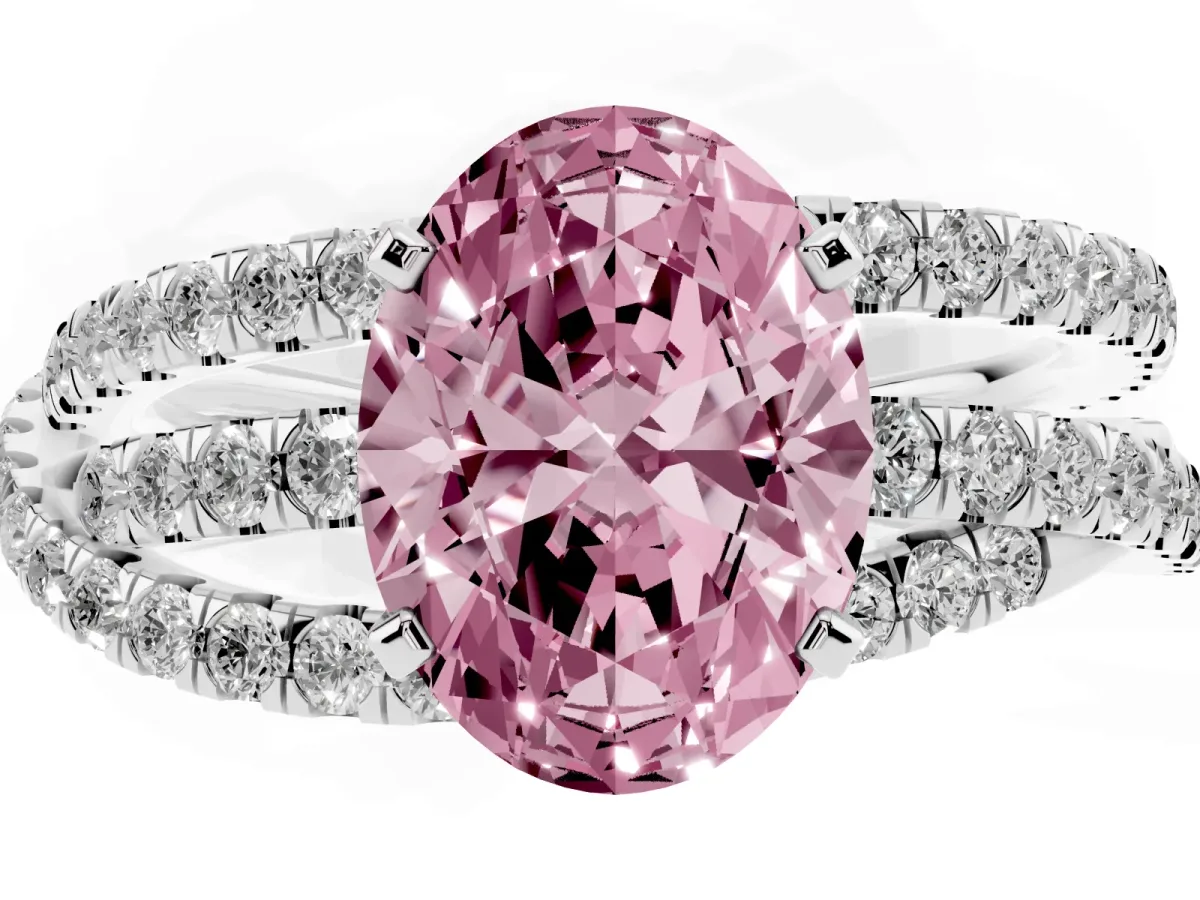 Fancy Pink Oval Cut Solitaire Twist Band with Pavé Setting and Four-Prong Setting Silver