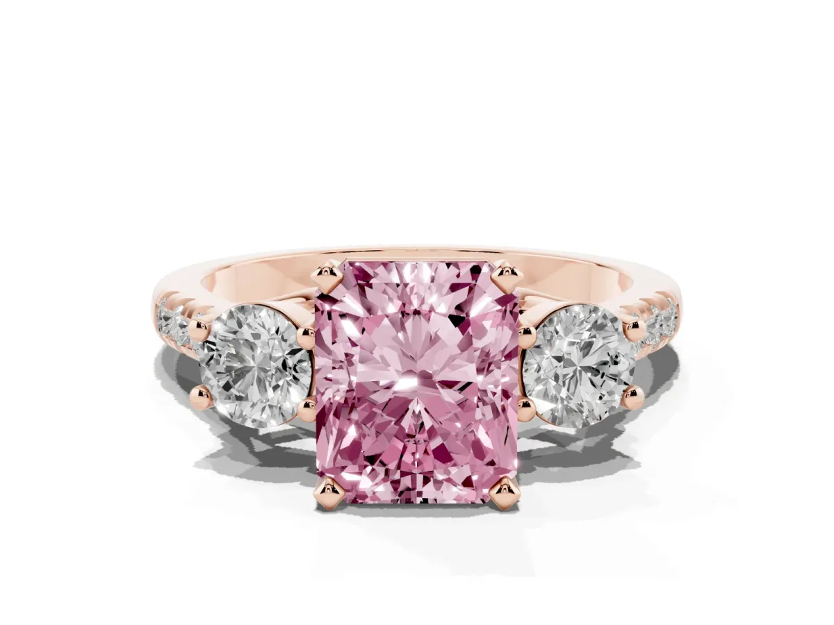 Fancy Pink Three-Stone Radiant Cut Diamond Pavé Band with Four-Prong Setting Rose gold
