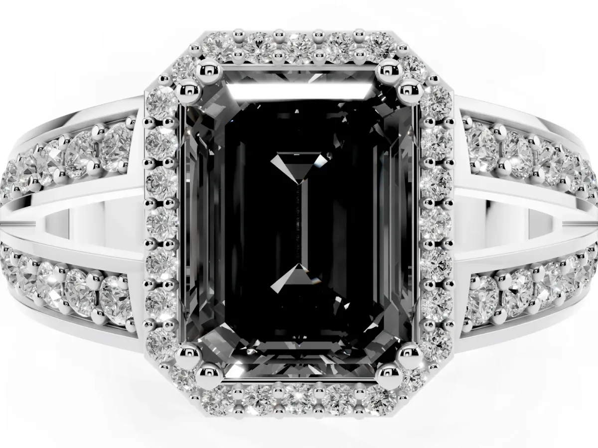Fancy Black Emerald Cut Diamond Halo Ring with Split Shank Pavé Band and Four-Prong Setting White gold