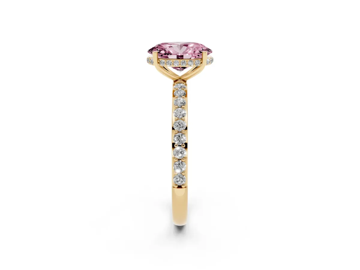 Fancy Pink Oval Cut Diamond Solitaire Ring with Pavé Band and Hidden Halo Yellow gold