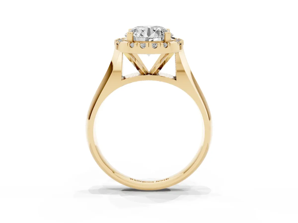 Round Cut Cut Halo Solitaire Engagement Ring with Square Band and Four-Prong Setting Yellow gold