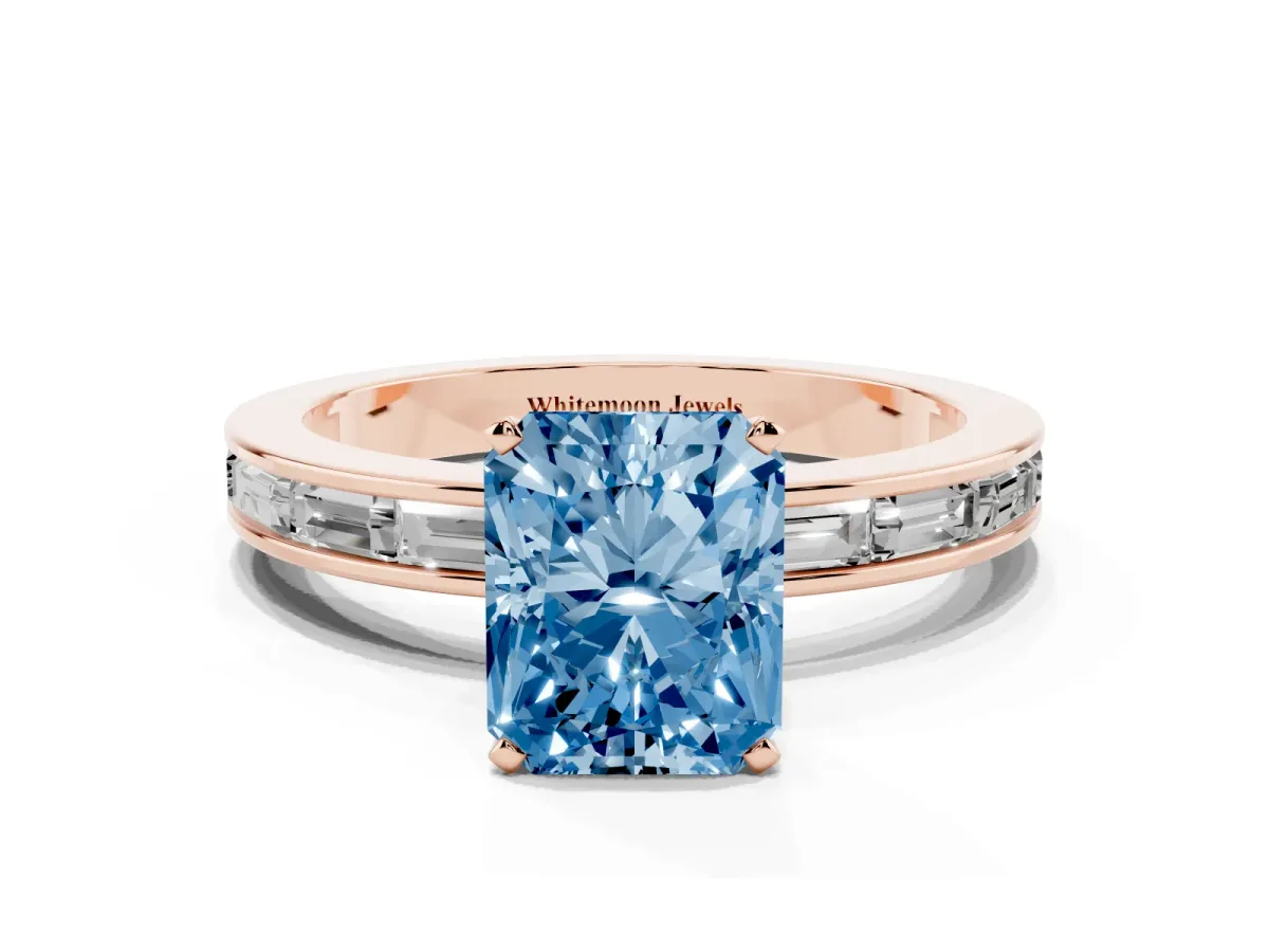 Fancy Blue Radiant Cut Solitaire Diamond Ring with Channel-Set Baguette Band and Four-Prong Setting Rose gold