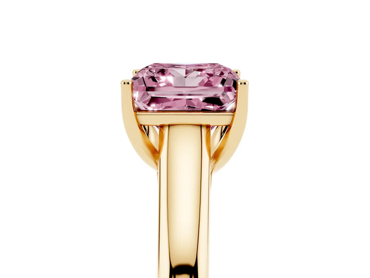 Fancy Pink Princess Cut Solitaire Engagement Ring with Tapered Band and Four-Prong Setting Yellow gold