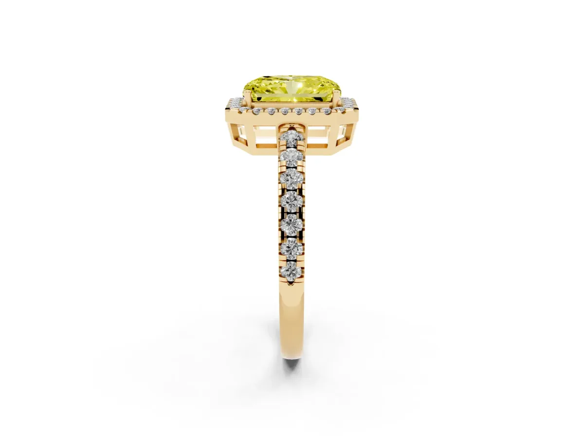 Fancy Yellow Radiant Cut Diamond Halo Ring with Pavé Band and Four-Prong Setting Yellow gold