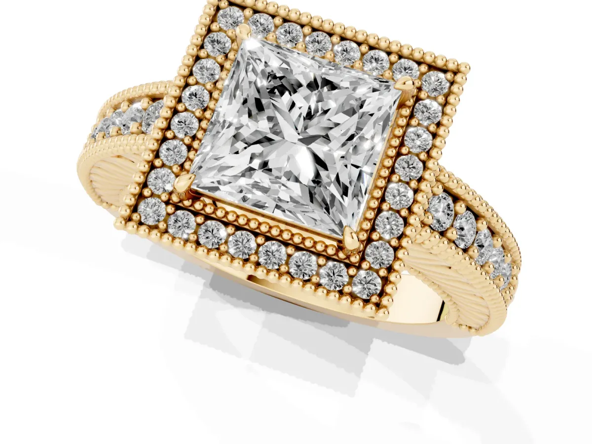 Princess Cut Cut Halo Diamond Ring with Pavé Band and Four-Prong Setting Yellow gold