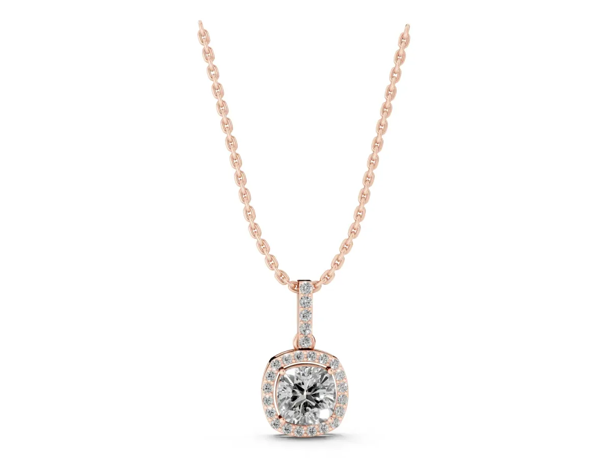 Cushion Halo Diamond Pendant with Prong Setting Rose gold