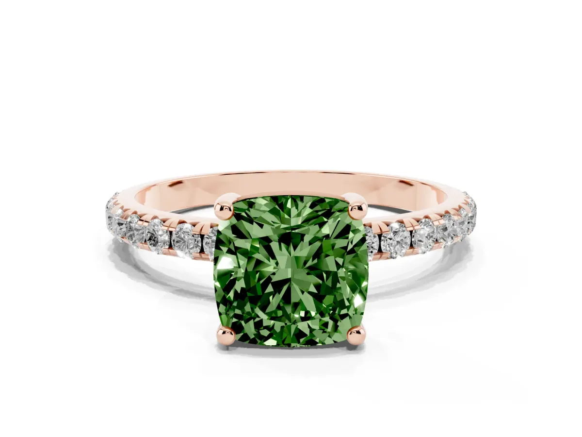 Fancy Green Cushion Cut Cut Diamond Solitaire Ring with Micro Pave Band and Four Prong Setting Rose gold