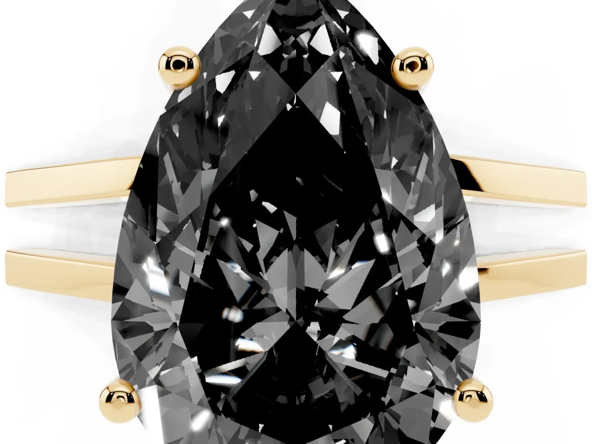 Fancy Black Pear Cut Cut Diamond Solitaire Engagement Ring with Tapered Plain Band and Four-Prong Setting Yellow gold