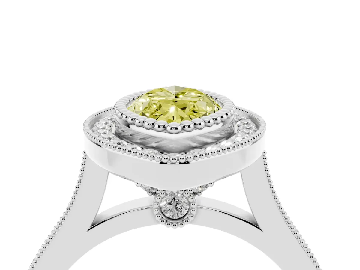 Fancy Yellow Marquise Cut Diamond Halo Ring with Milgrain Frame and Pavé Band Silver