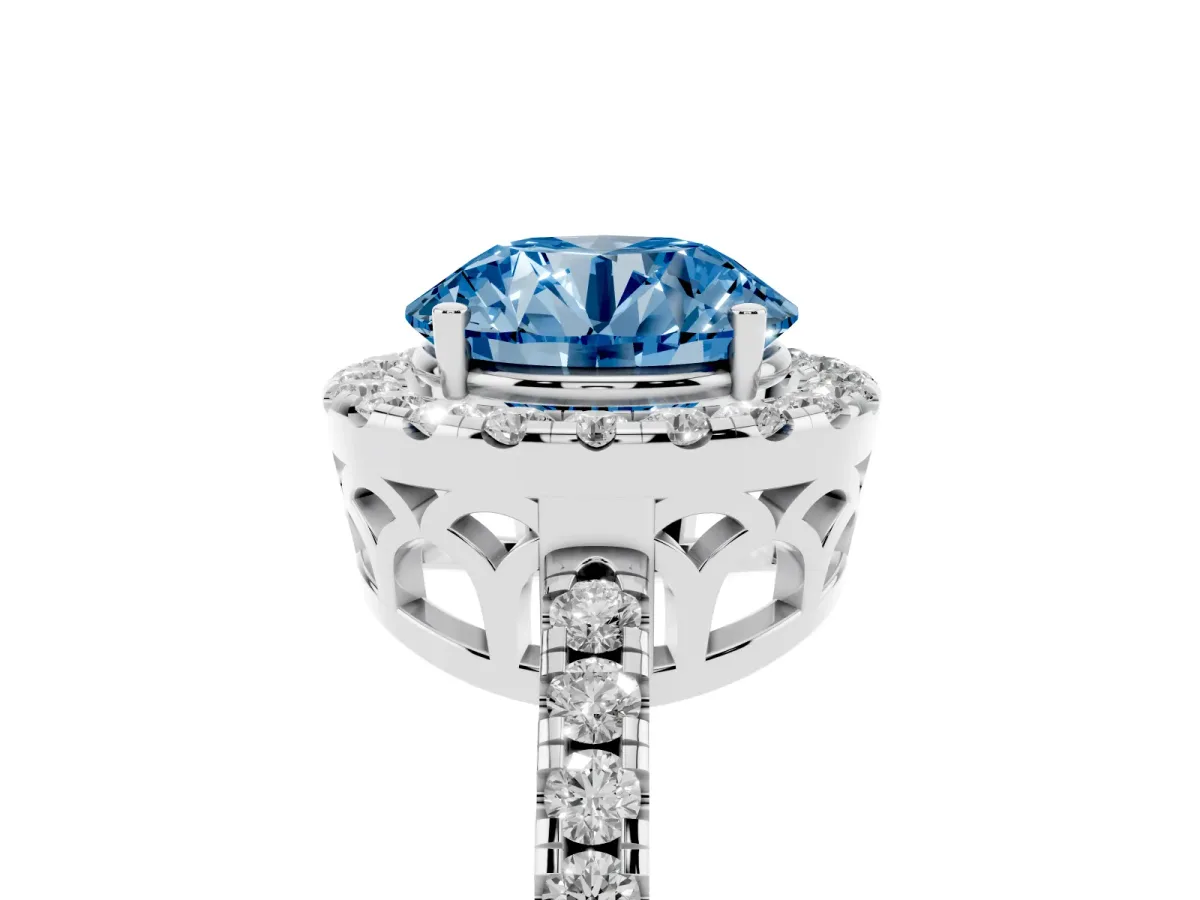 Fancy Blue Round Cut Halo Diamond Engagement Ring with Pavé Band and Four-Prong Setting Platinum