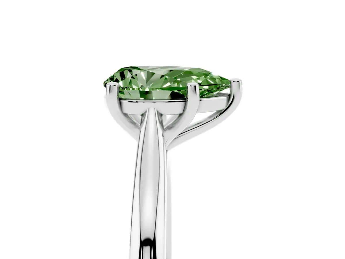 Fancy Green Pear Cut Cut Solitaire Ring with Cathedral Band and Four-Prong Setting Silver