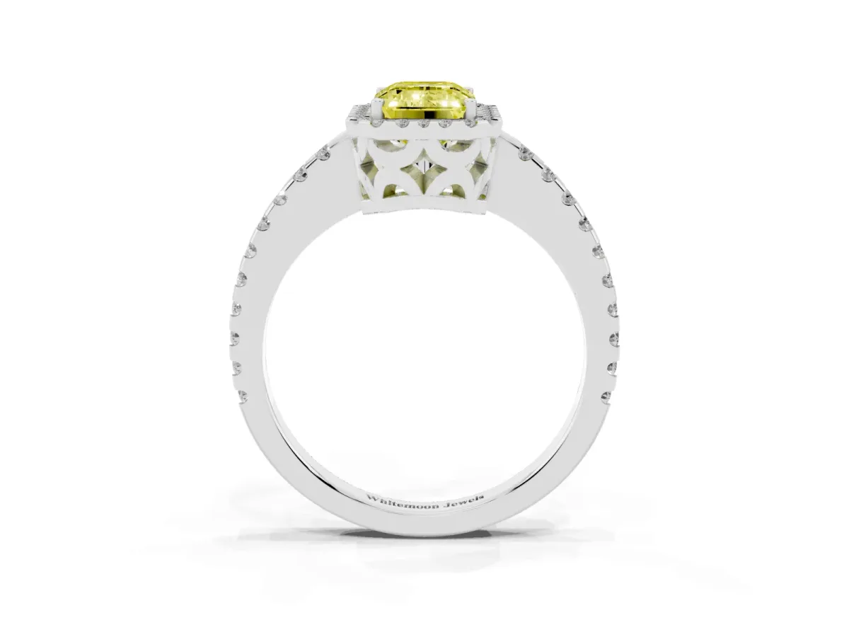 Fancy Yellow Emerald Cut Diamond Halo Engagement Ring with Pavé Band and Prong Setting Platinum