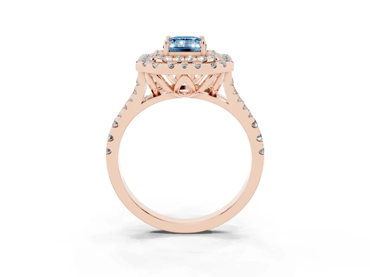 Fancy Blue Double Halo Emerald Cut Diamond Pavé Split Shank Ring with Prong Setting Rose gold