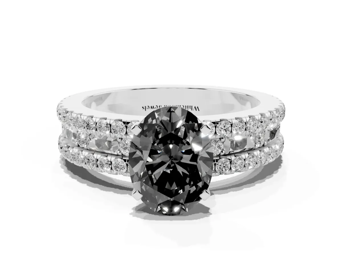 Fancy Black Oval Cut Diamond Solitaire Ring with Pavé and Channel Set Band Silver